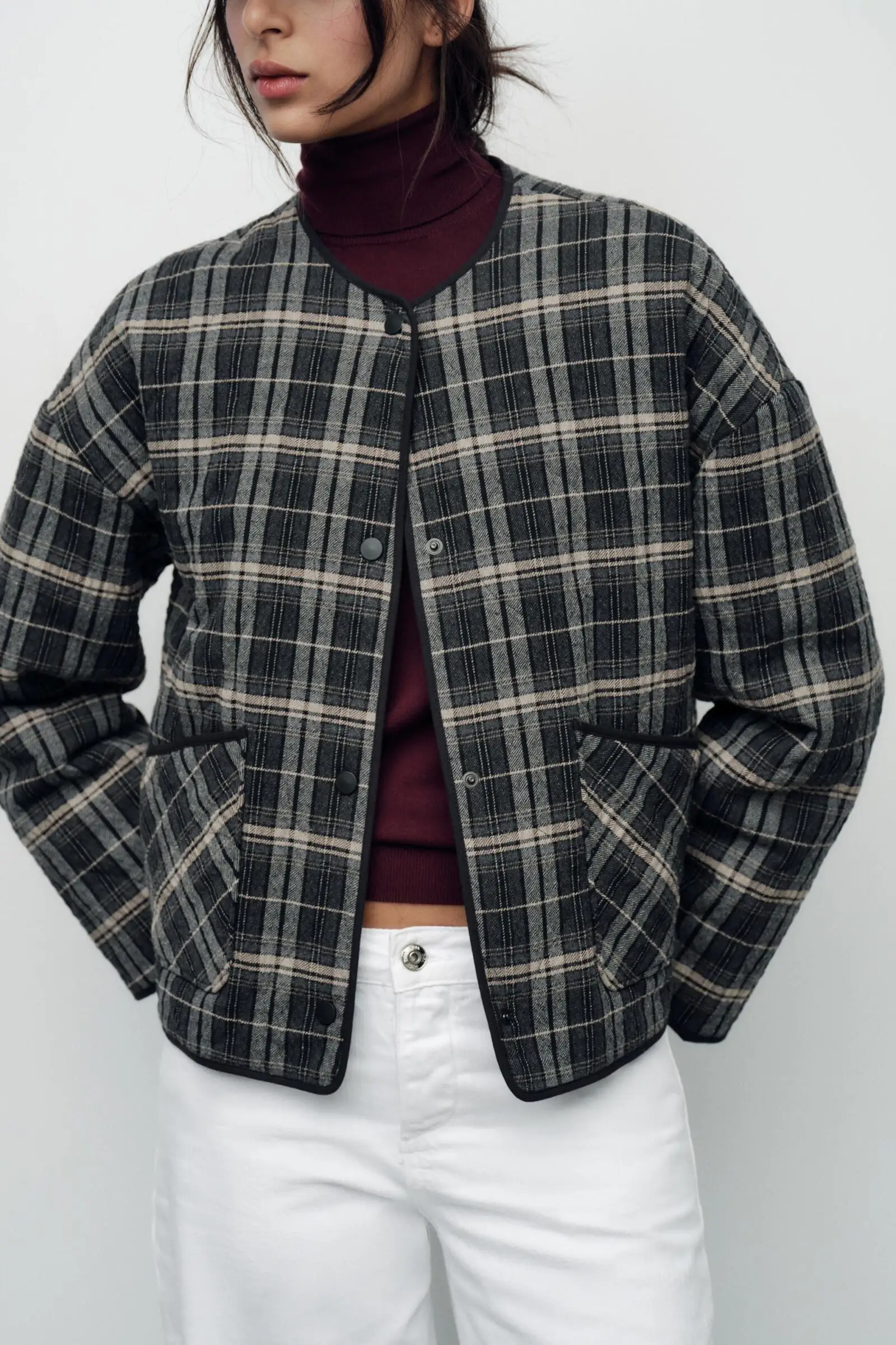 European and American style round neck single breasted plaid cotton jacket for women winter new style fashionable all-match cott