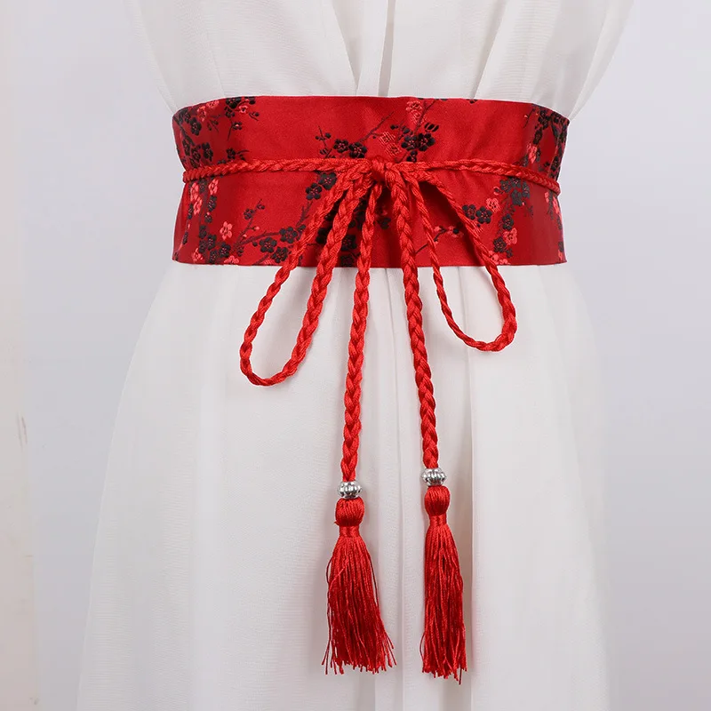 Japanese Traditional Clothing Kimono Wide Belt Women Sash Tie Streetwear Embroidered Fower Tassel Bandage Belt Yukata Obi