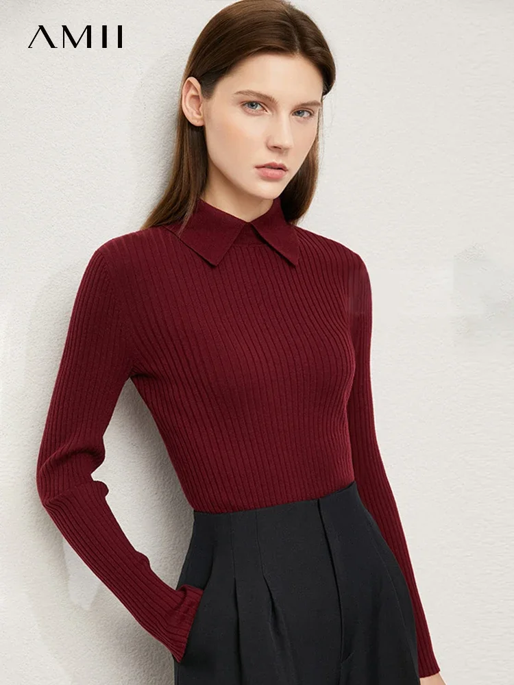 Amii Minimalism Women's Sweaters Fashion Polo Collar Wool Pullover Long Sleeve Knitted Tops Office Lady Spring Sweater 12130297