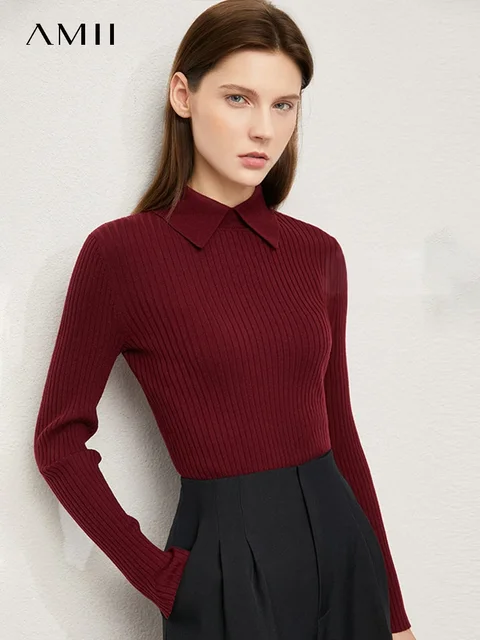 Amii Minimalizm Swetry damskie Moda Kołnierzyk polo Wełniany Pulower Długi rękaw Dzianina Topy Biuro Lady Wiosna Sweter 12130297
