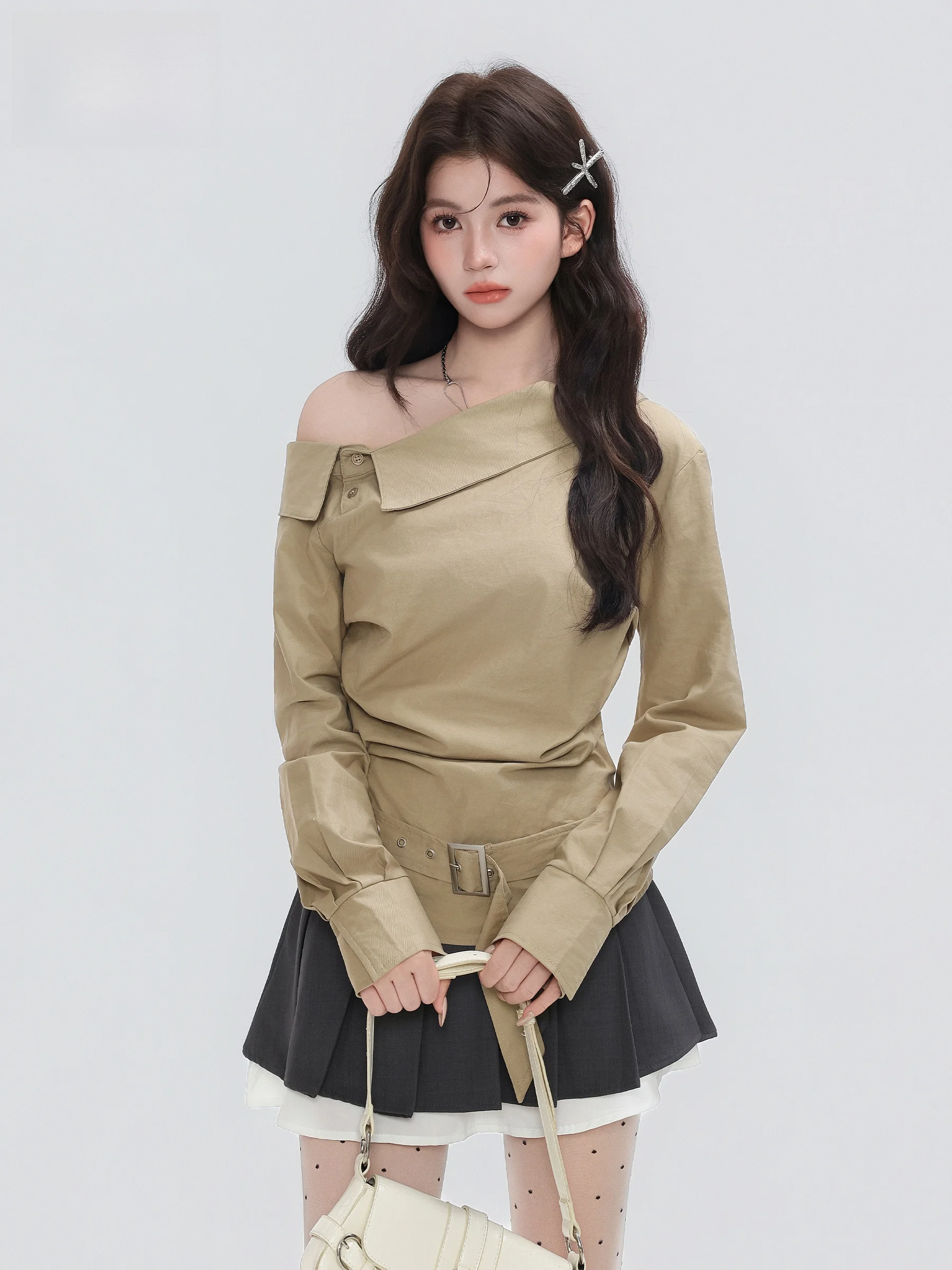 

Khaki Color Asymmetrical Shoulder Long Sleeve Women's Shirt with Belt Slimming Design Casual Style Pure Color Cotton Blend