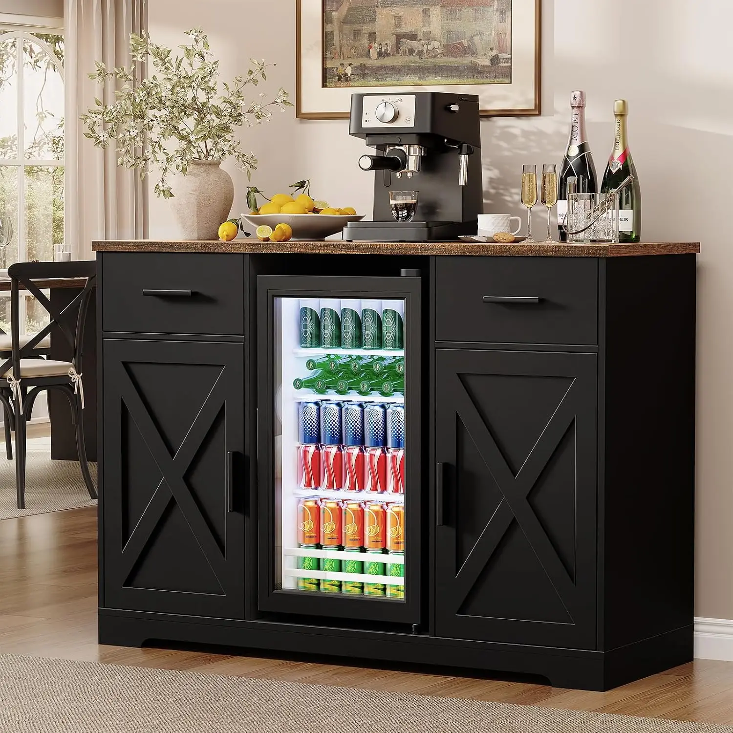 Large Coffee Bar Cabinet with Fridge (Fridge Included), 47'' Farmhouse Bar Cabinet with Wine Storage, Buffet Sideboard Table Sta