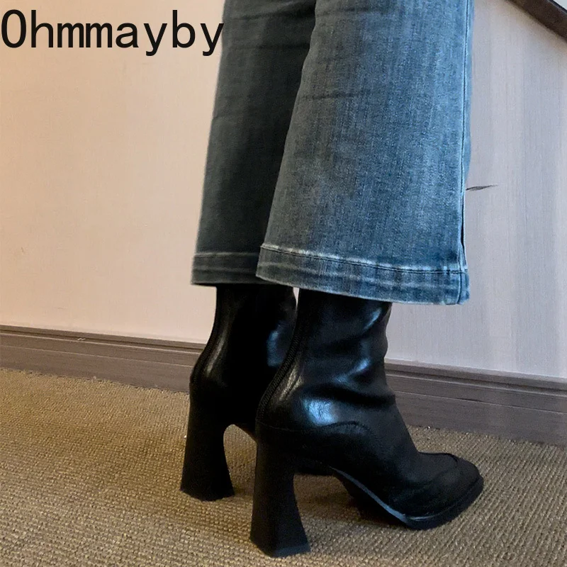 Vintage High Heel Women Ankle Boots Fashion Square Toe Short Booties Autumn Winter Ladies Shoes Botas Mujer image 4