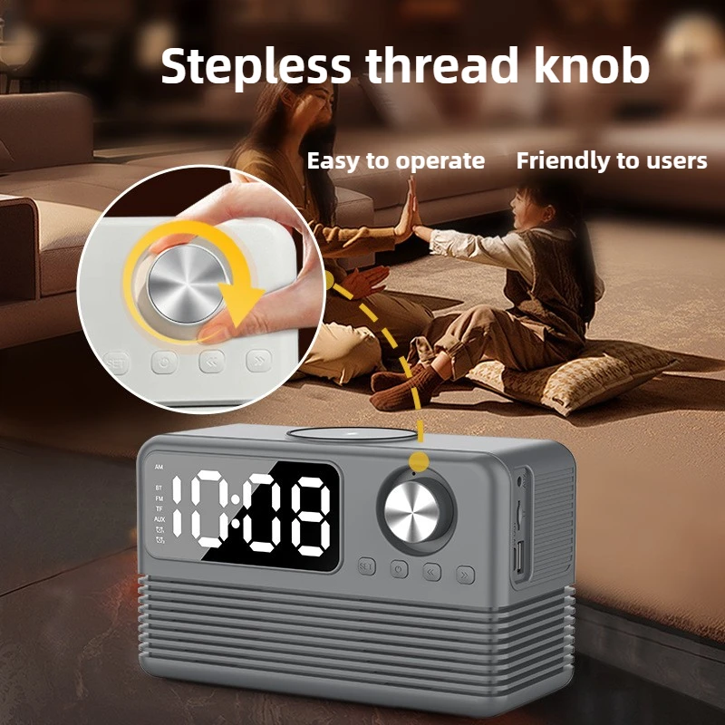 مكبر صوت بلوتوث BT509 مع شاحن لاسلكي لمكبرات صوت محطة شحن سريعة لهاتف iPhone مع راديو ساعة منبه لغرفة النوم المنزلية