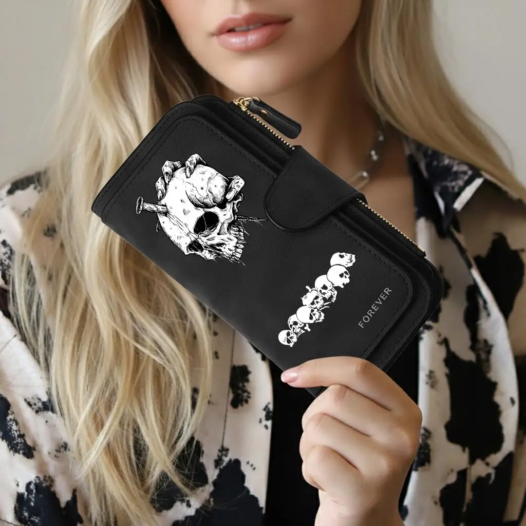 Skull pattern Women's Long Wallet Features Multiple Card Slots A Coin Pocket and Cell Phone Pouch Perfect Gift for Women