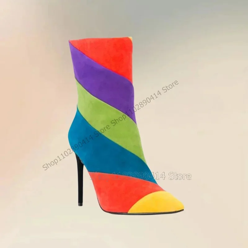 

Mixed Color Stripe Design Pointed Toe Boots Side Zipper Women Shoes Thin High Heels Novel Fashion Party 2025 Zapatos Para Mujere