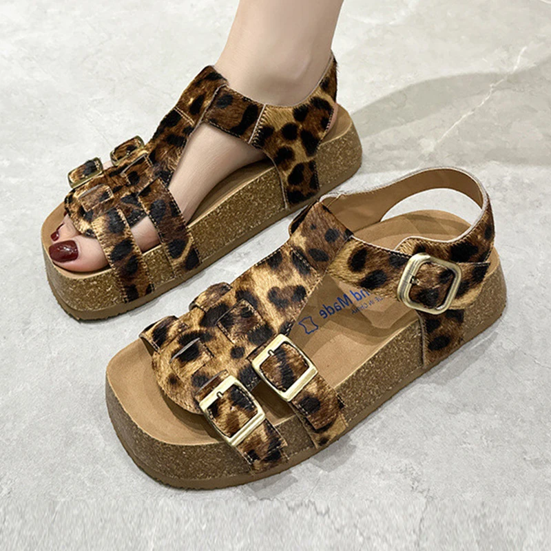 2024 Summer Thick Soled Genuine Leather Sandals Women's Belt Buckle Design Back Strap Sandalia Casual Vacation Versatile Shoes