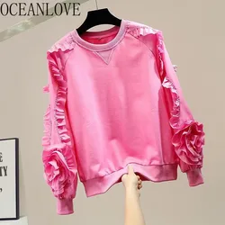 OCEANLOVE Ruffles Flowers Hoodies Women Tops Solid Spring Autumn Vintage Sweatshirts Korean Fashion Sweet Chic Sudaderas Mujer