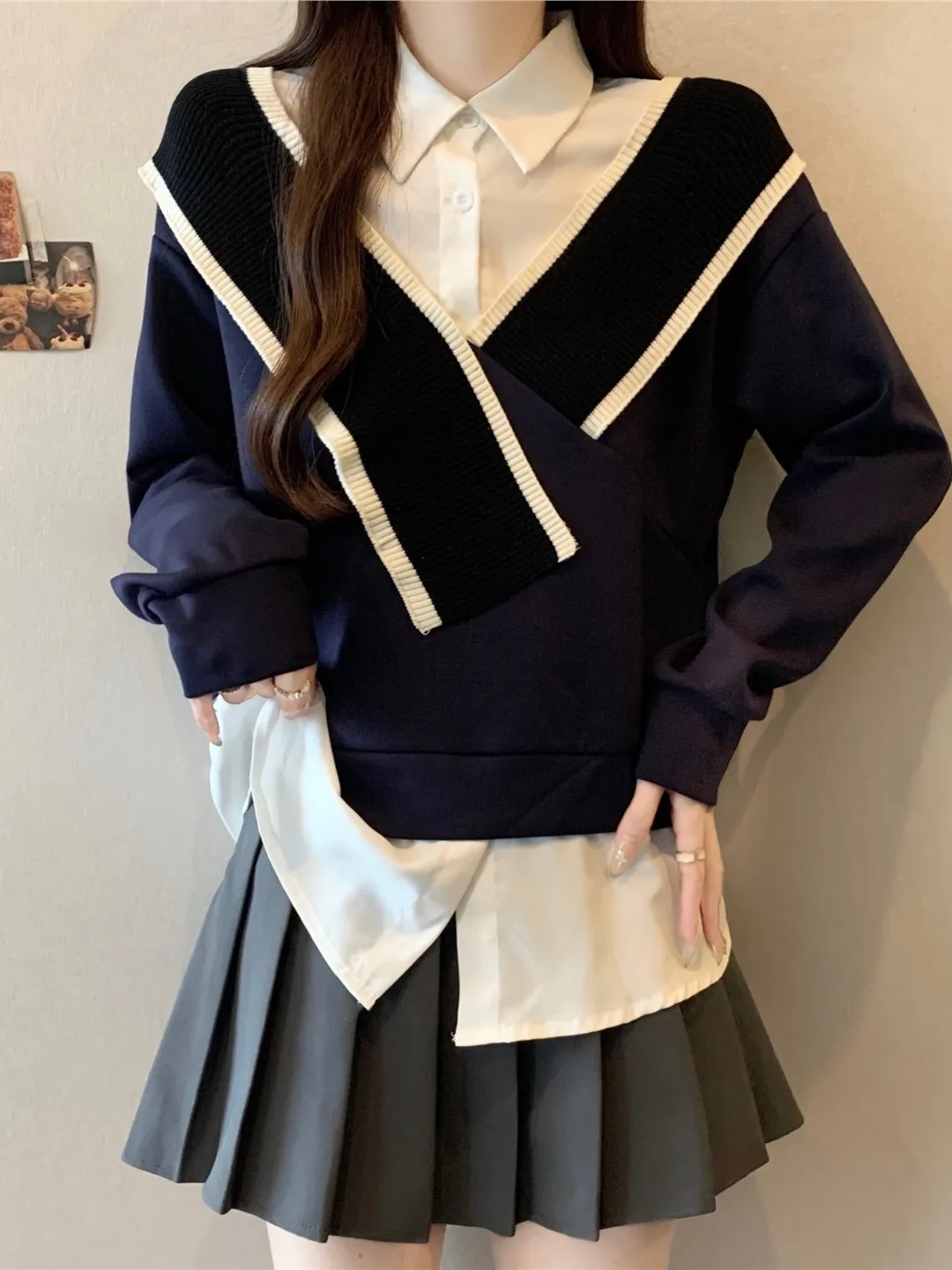 

Knitted Patchwork Long Sve Sweatirt Spring plus Size Women's Clothing Conceal Meat Fake Two-Piece Top Design Sense