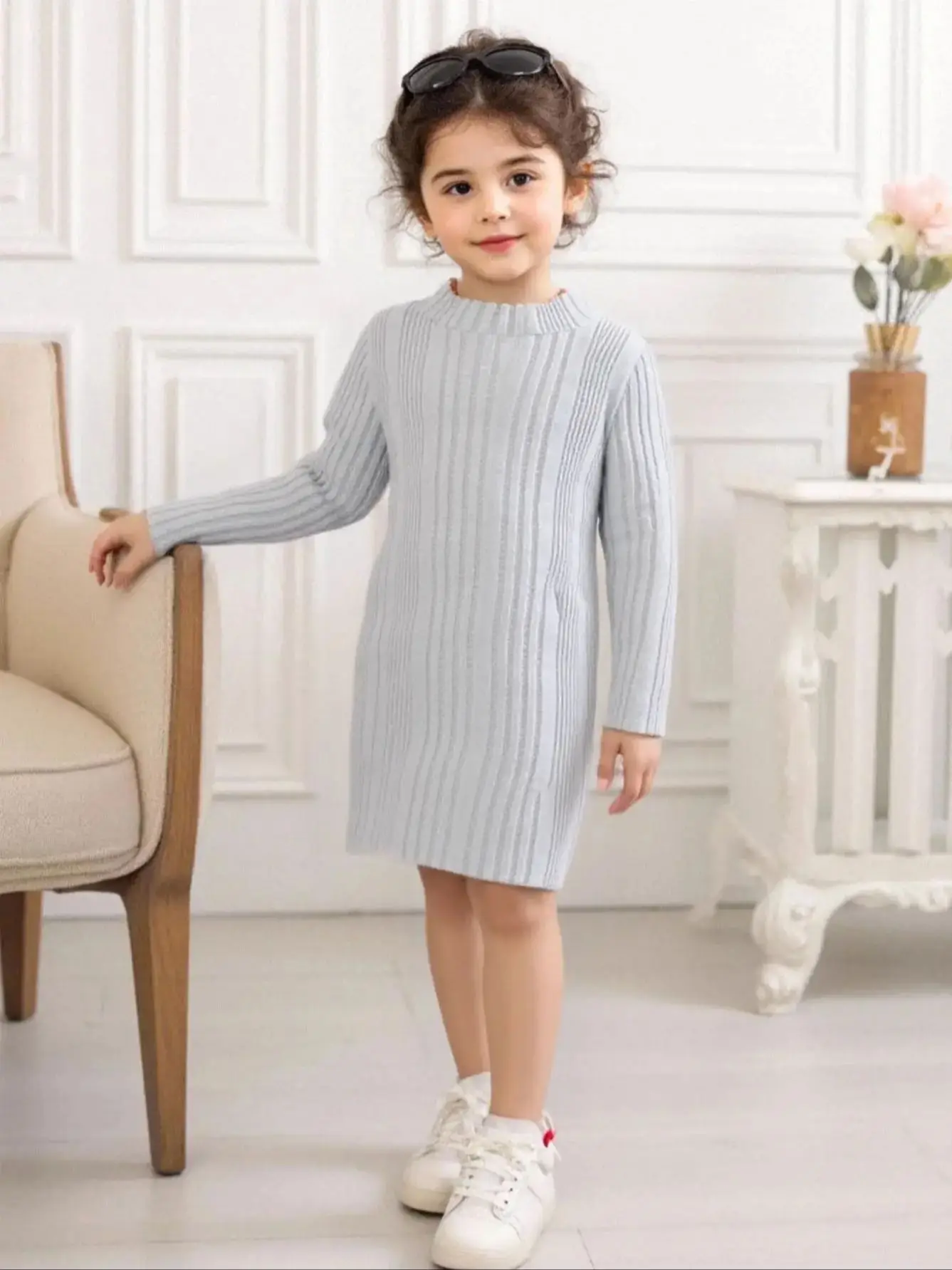 Mädchen Baby Langarm Rundhals Geripptes Freizeitkleid Einteiler für Herbst und Winter (ohne Accessoires) – Detail 1