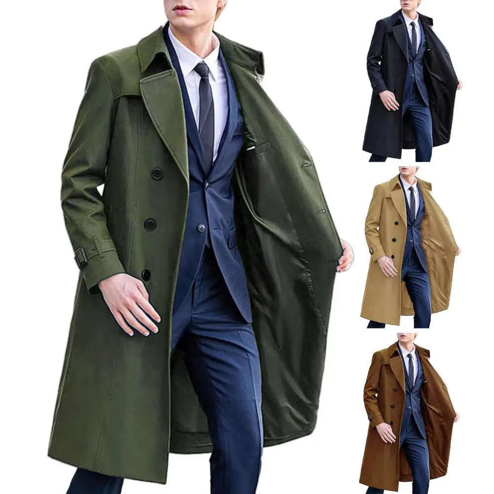 

Men Windbreaker Jacket Stylish Men's Double Breasted Windbreaker Coat with Lapel Mid-length Solid Color Outerwear for Business