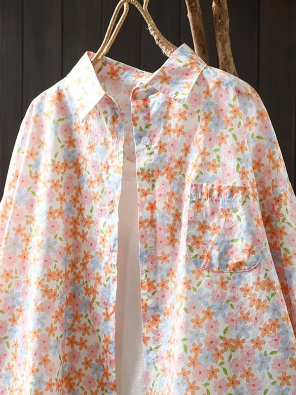 قميص نسائي صيفي 2025 من القطن الخالص بأكمام قصيرة وطبعة زهور، تصميم فضفاض وعصري، قميص تنحيف رقيق بياقة بولو أنيقة للارتداء ال...