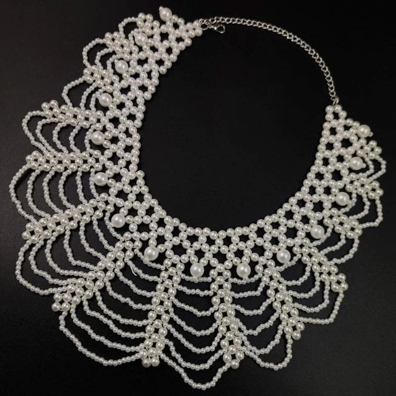 Elegant Multi Layered Pearls Body Chain Necklace Shoulder Shawl Choker for Women Prom Club Neckwear Body Jewelry Collar 6XDA