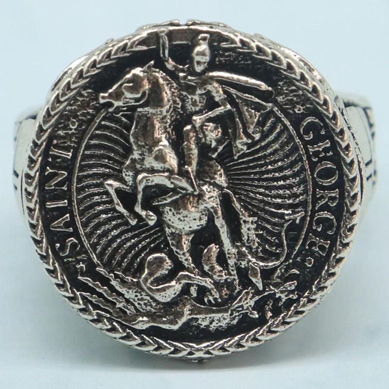 Buy 4 Get 1 Free This Saint George and the Dragon Men Ring captures a legendary moment in metal knight's lance pierces the beas