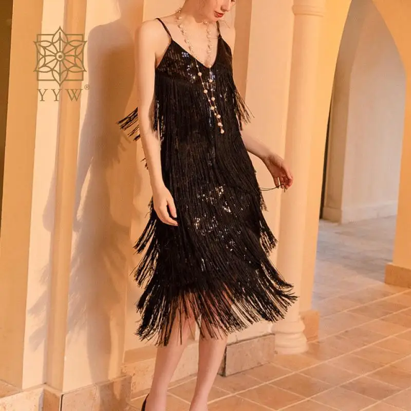 

Evening Party Prom Dress For Women Tassels Black Sleeveless Cocktail Gala Vestido Deep V Beach Dinner Ladies Dress Ceremony Gown