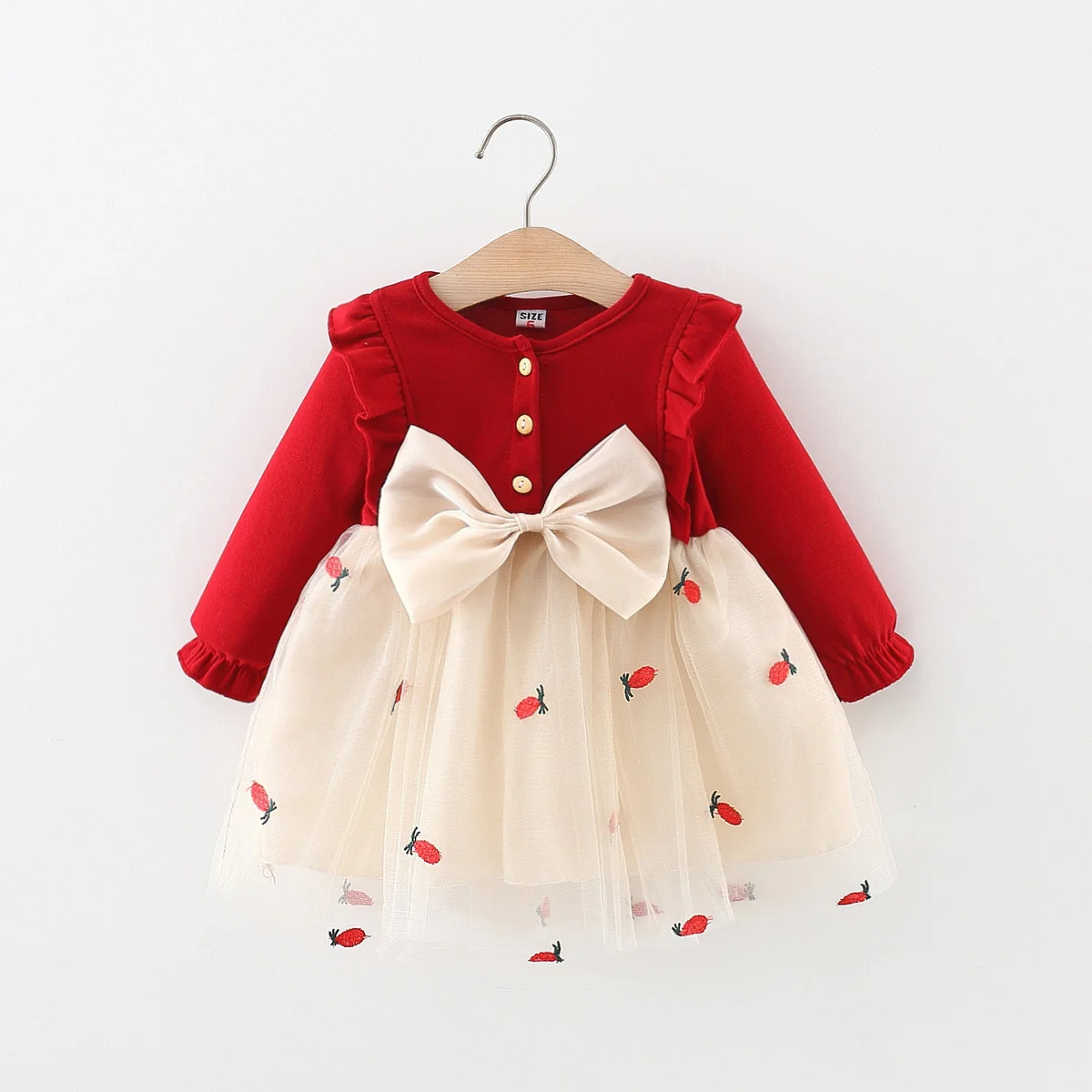 Spring And Autumn Baby Princess Dress Girl Embroidery Mesh Panel Long Sleeve Daily Bow Lace Sweet Dress