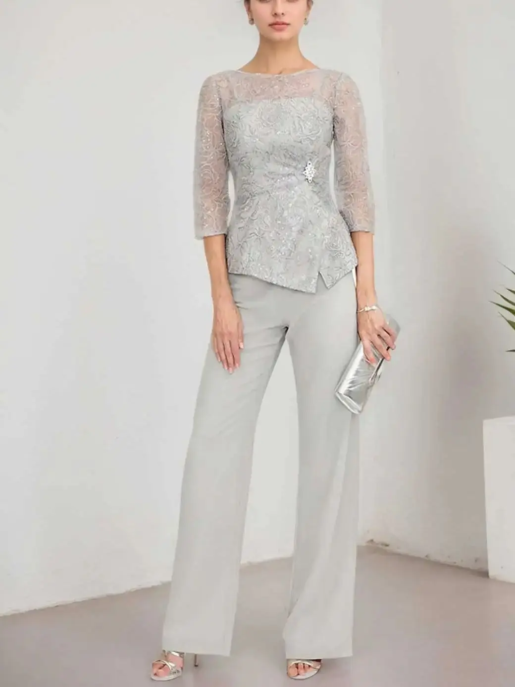 

Elegant Two Piece Evening Gown Bateau Neck 3/4 Sleeve Chiffon Lace Sequin Ankle Length Wedding Guest Dress 2025 free customized