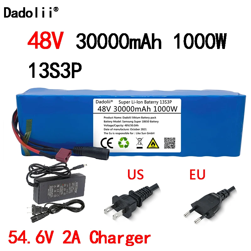 Akumulator 48 V Akumulator do roweru elektrycznego 30 Ah 18650 akumulator litowo-jonowy do roweru Skuter Rower elektryczny 1000 W z wtyczką T + ładowarka 54,6 V