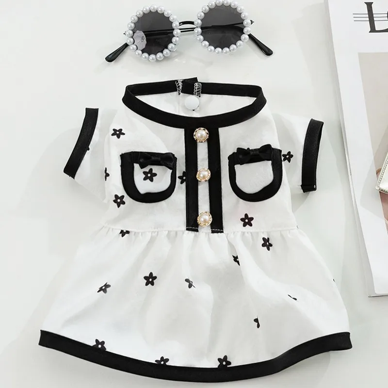 Dog Clothes Small Dogs Summer Puppy Dress Cat Print Skirt Bichon Chihuahua Black White Breathable Dresses Pet Clothing for Dogs