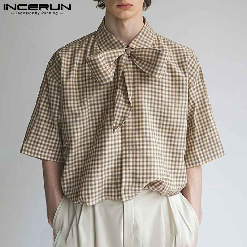 Handsome Well Fitting Tops INCERUN New Men\'s Twisted Plaid Pattern Shirts Summer Fashionable Hot Sale Short Sleeved Blouse S-5XL