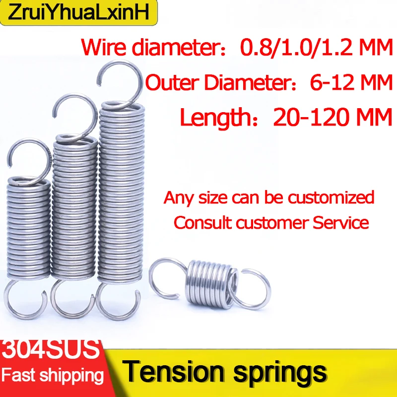 

304 Stainless Steel S Hook Tension Cylindroid Helical Coil Pullback Extension Tension Spring Wire Diameter 0.8mm 1.0mm 1.2mm