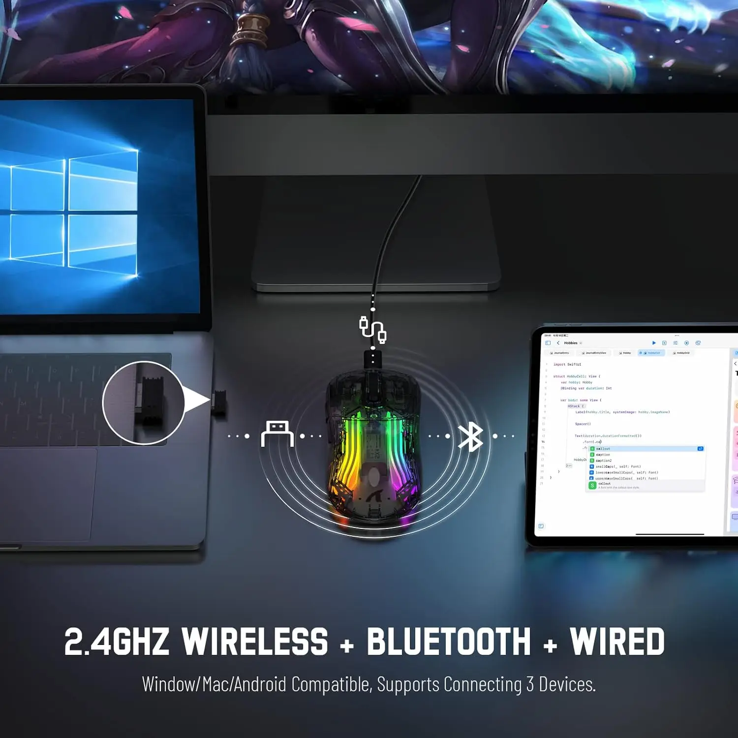 ATTACK SHARK X2 Draadloze Gaming Muis PC Transparante Shell Computer Muizen, Dual Mode BT5.0/2.4G, RGB Oplaadbare Mute Muis