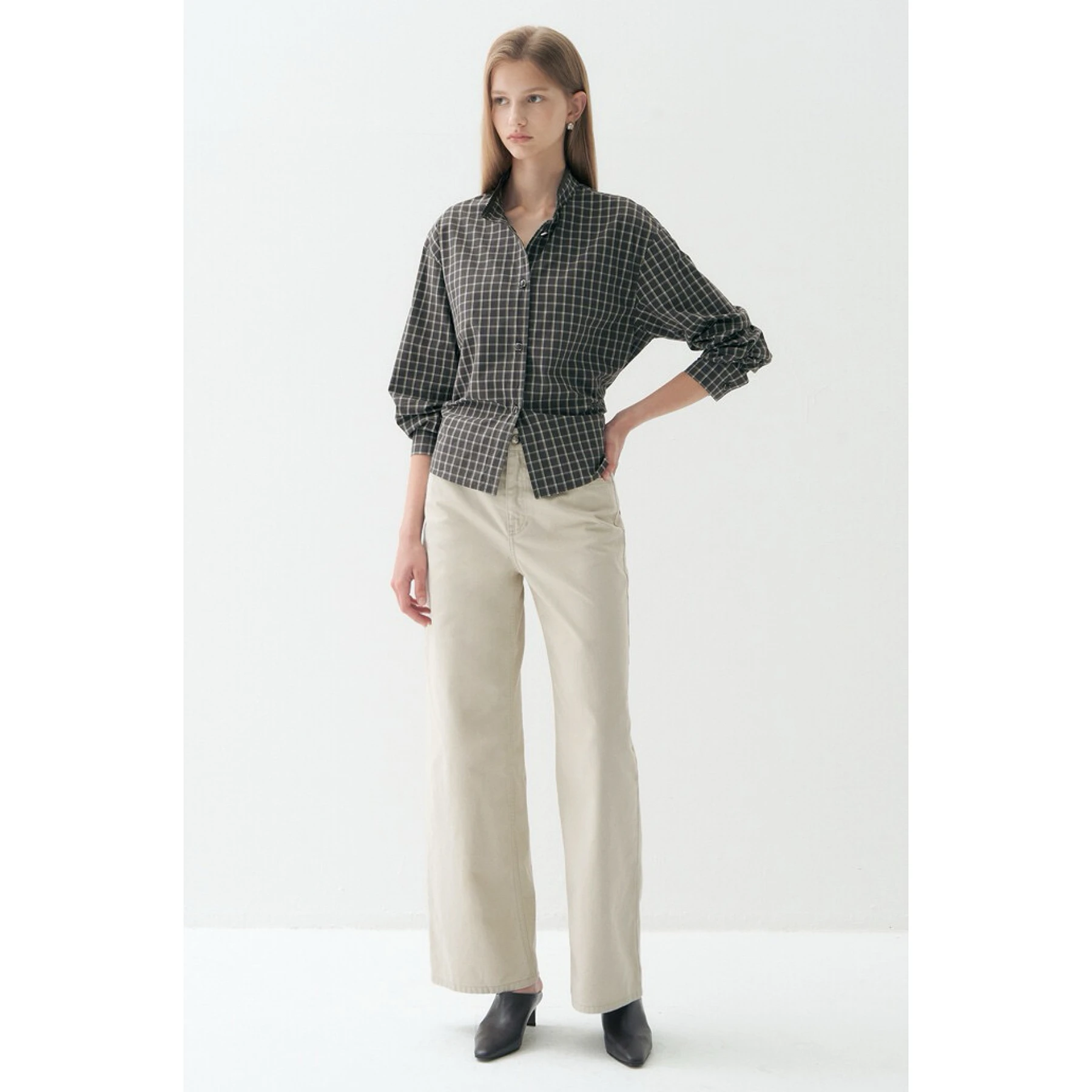 Lemon Cheese LAN26 Autumn Casual Collar Commute Versatile Plaid Waist-cinching Slimming Long Sleeve Shirt Jacket