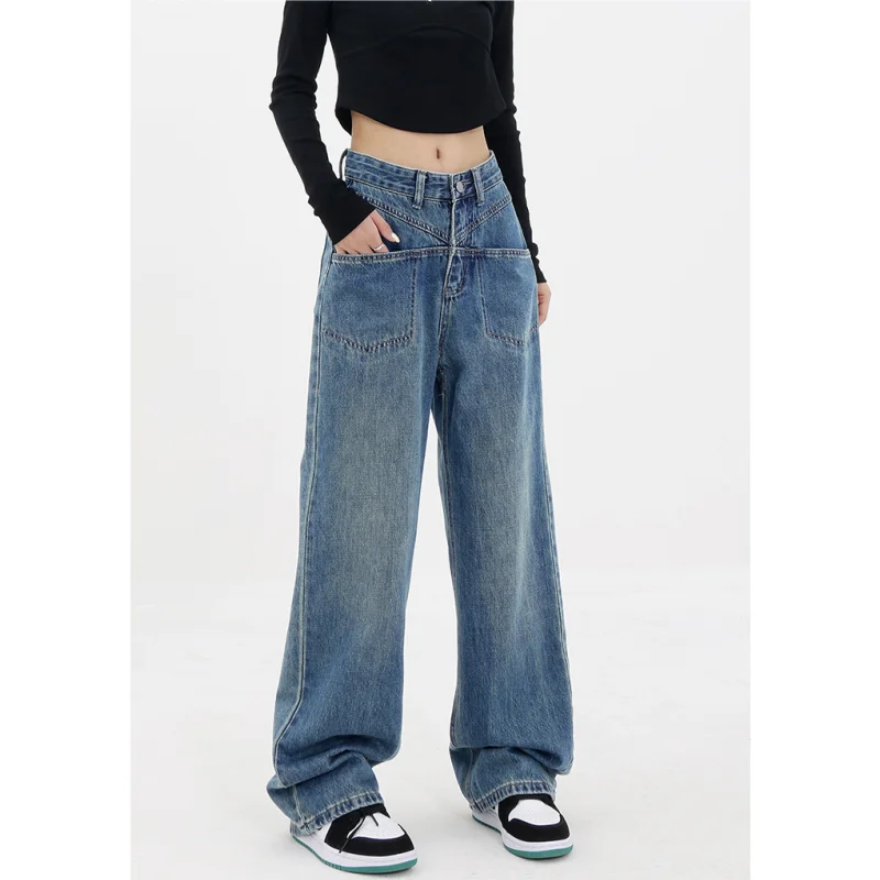 

Blue Y2K High Waist Women Jeans Hip-hop Style Fashion Vintage Streetwear Wide Leg Jean 2024 Female Trouser Baggy Denim Pants