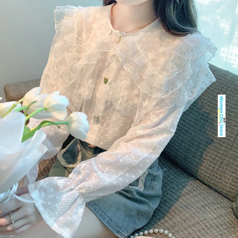 

Peter Pan Collar White Lace Shirt Women Tops Spring Autumn Elegant Chic Sweet Fairy Loose Casual Long Sleeve Blouse Camisas 8603