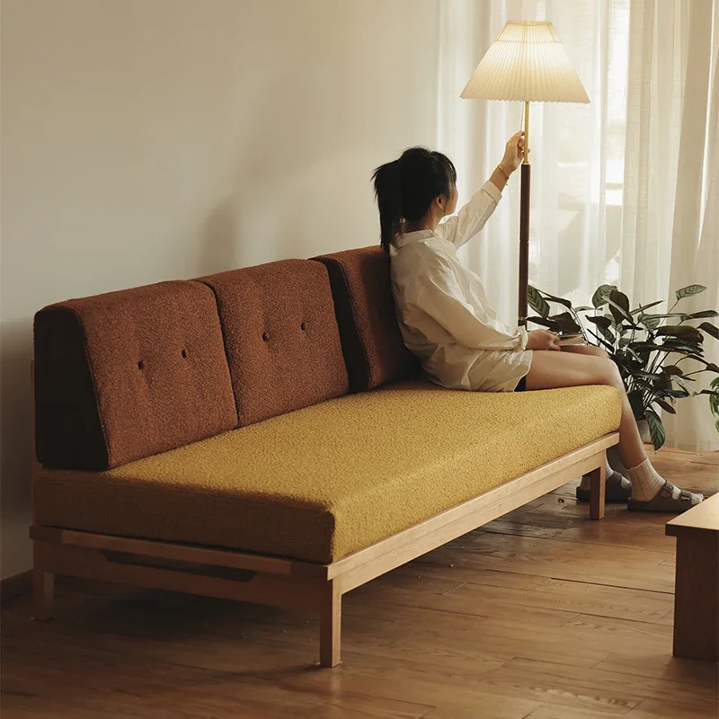 Plain sofa cherry wood log armless sofa solid wood retro style living room fabric cotton and linen