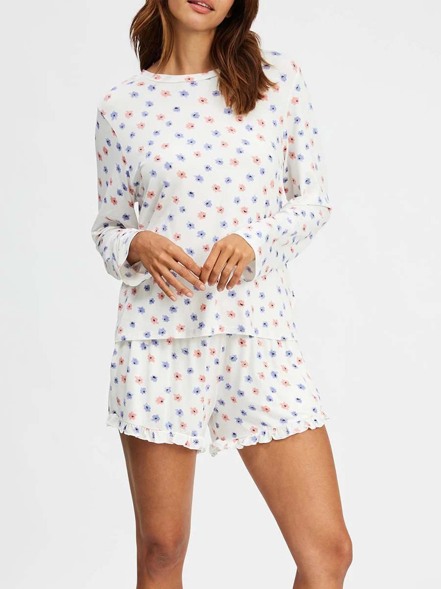 Ensemble pyjama 2 pièces Y2k pour femme, t-shirt à manches longues à volants floraux mignons, haut boutonné et short, pyjama, vêtements de détente pour le sommeil