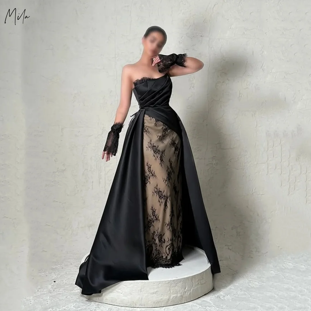 

Mila Black White Strapless Lace Satin Prom Dresses Glove Decor Ruched Gown Customized Formal Evening Elegant vestidos de gala