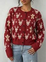 Women's Burgundy Red Printed Knitted Cardigan with Christmas Reindeer Gingerbread Man Snowflake Pattern, Round-Neck Long-Sleeved Festive Sweater Cardigan