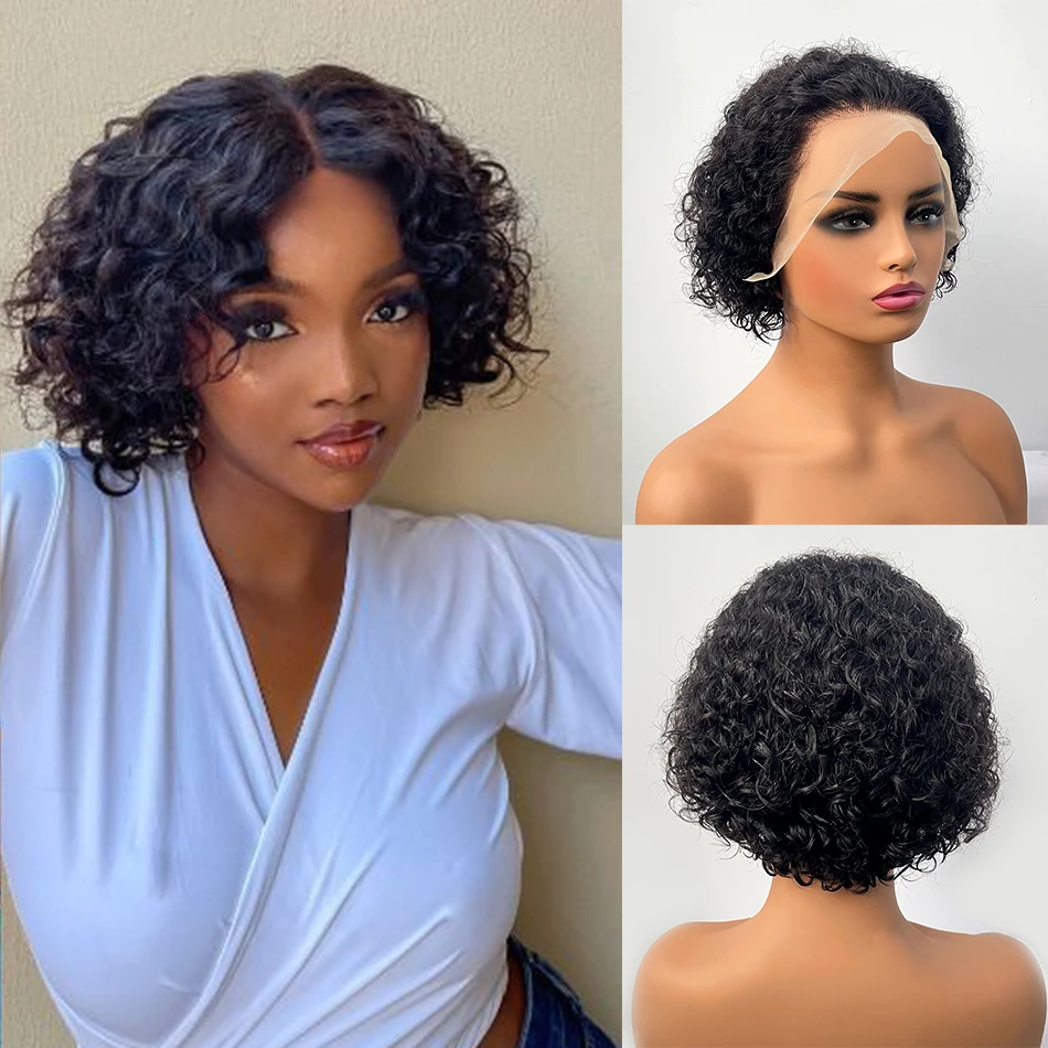 

100% человеческие волосы Короткие пикси Боб Кудрявый 13x4 Кружевной фронтальный парик Малайзийские волосы Ombre Короткие влажные и волнистые HD Парики фронта шнурка для женщин