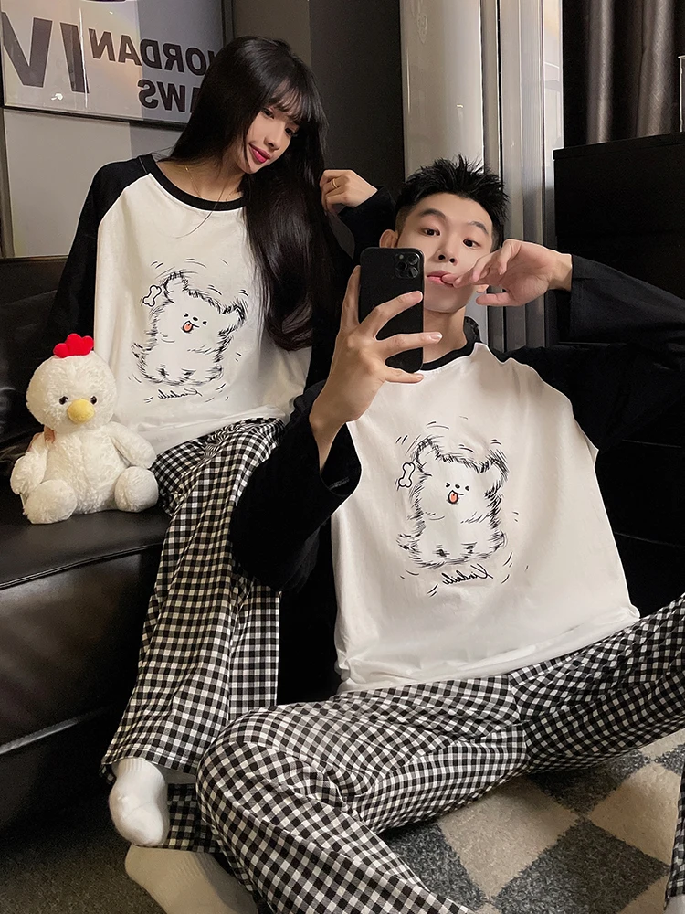 DAIMELU Spring and Autumn sleepwear Couple Pajamas Women's Cotton Long Sleeve Cartoon Puppy Men's Casual Wear Loungewear Suit