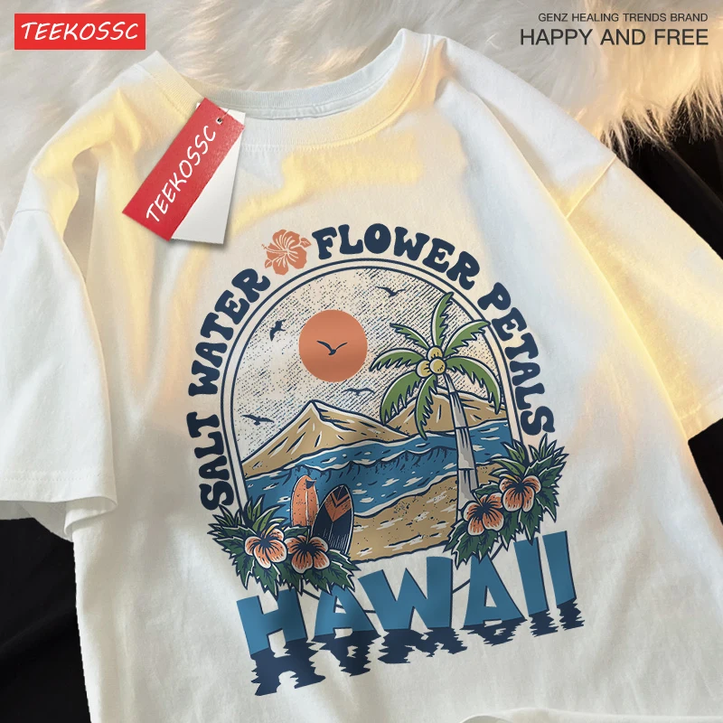 Salt Water Flower Petals Hawaii Clothes Men Women Harajuku Summer Tshirt Cartoon Cotton T-Shirt Fashion Breathable Couple Tops