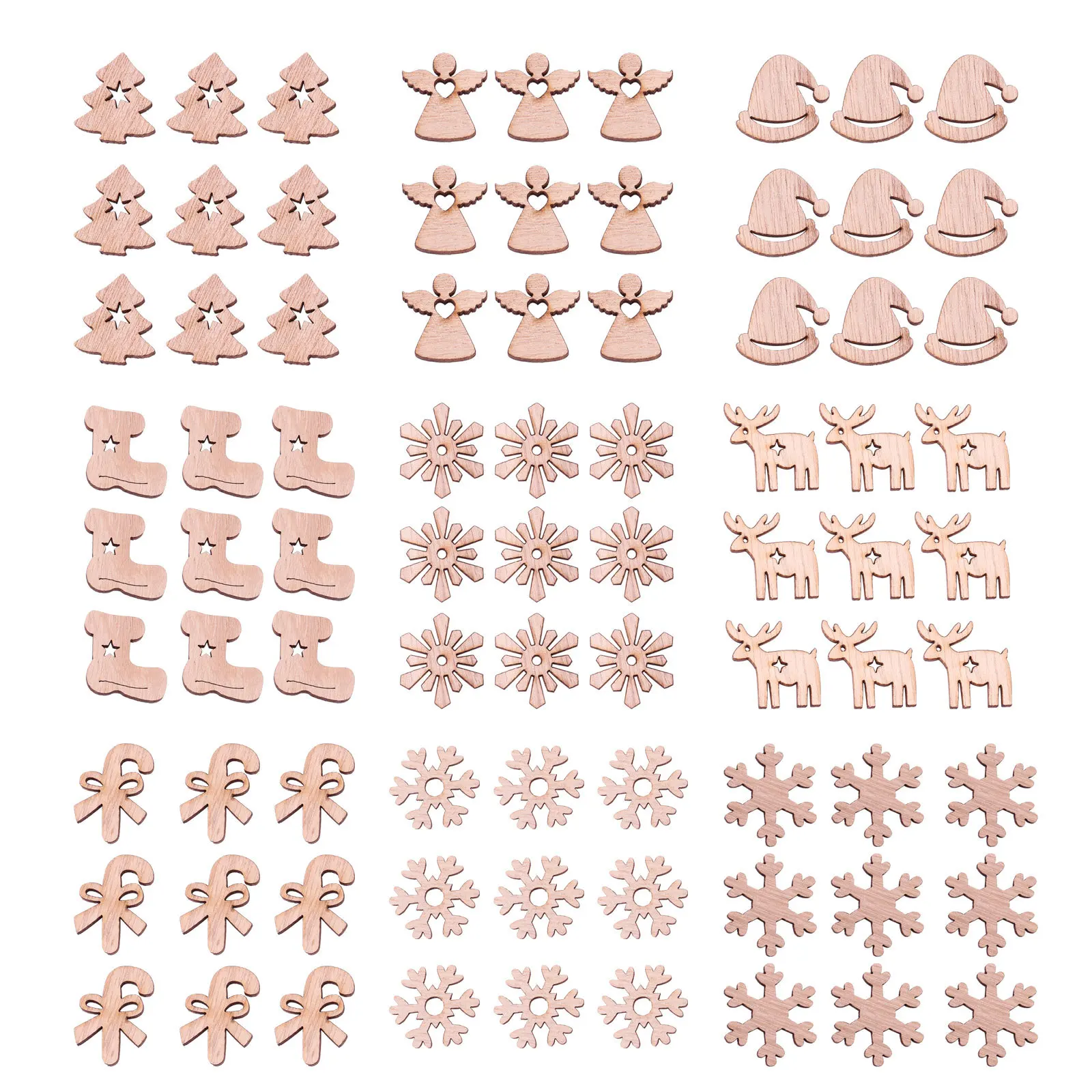 

100Pcs Wooden Laser Ornaments Christmas Tree Decorations Multipurpose DIY Crafts Exquisite Snowflake Elk Shapes