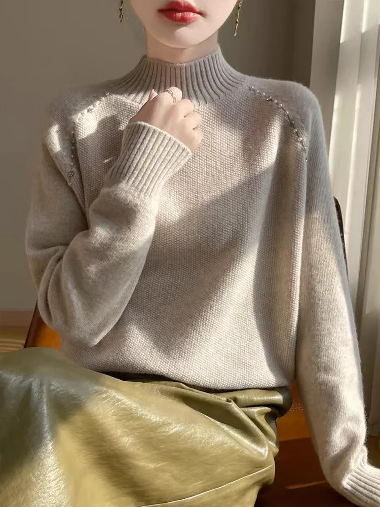 

Зима 2024, женская шерстяная основа Thiened f, свободный модный вязаный топ для мам среднего возраста с высоким воротником