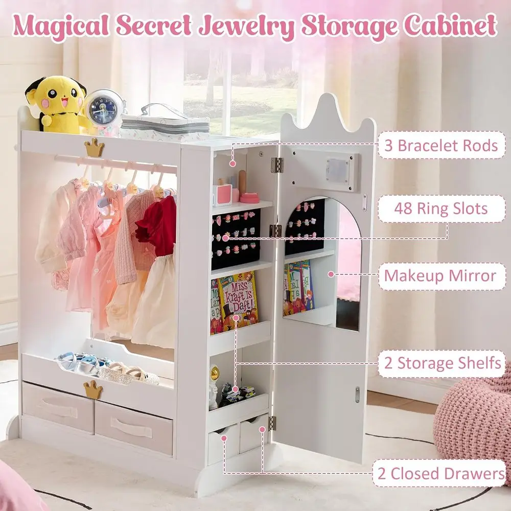 子供用鏡付きクローゼット、棚付き、女の子用プリンセスドレスアップラック、子供用衣類ラック、ベッド用ワードローブクローゼット
