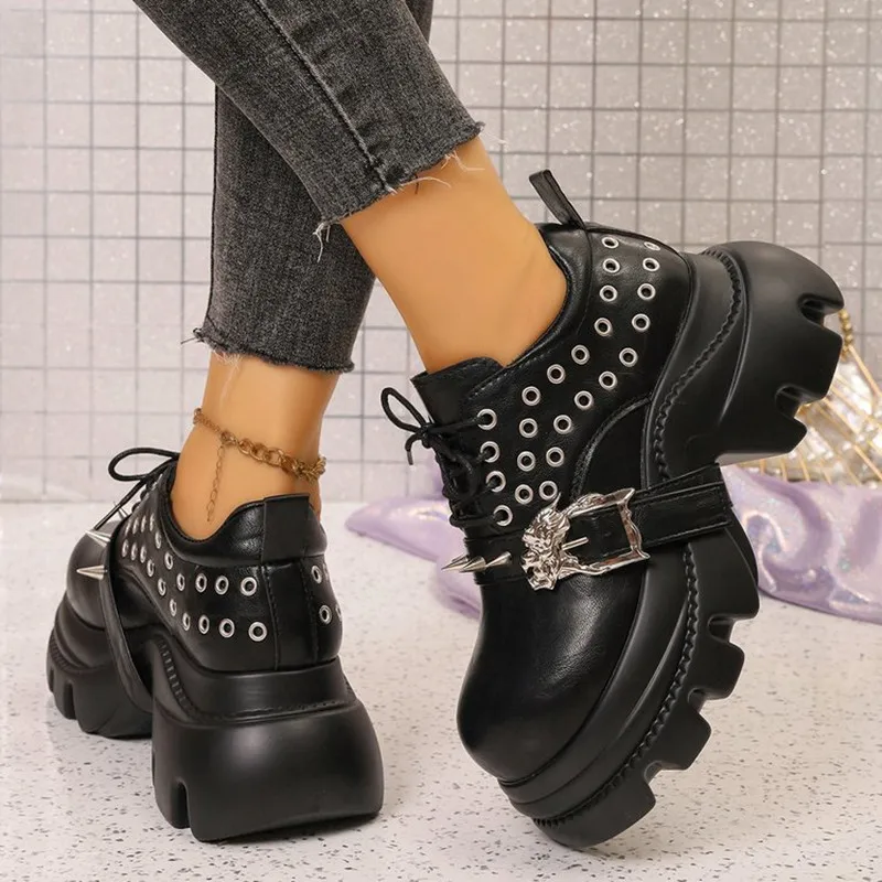 Women's Platform Shoes New Round Toe Chunky High Heel Lace Up Metal Eyelets Spike Studs Decorative Buckle for Outdoor Walk Shoes