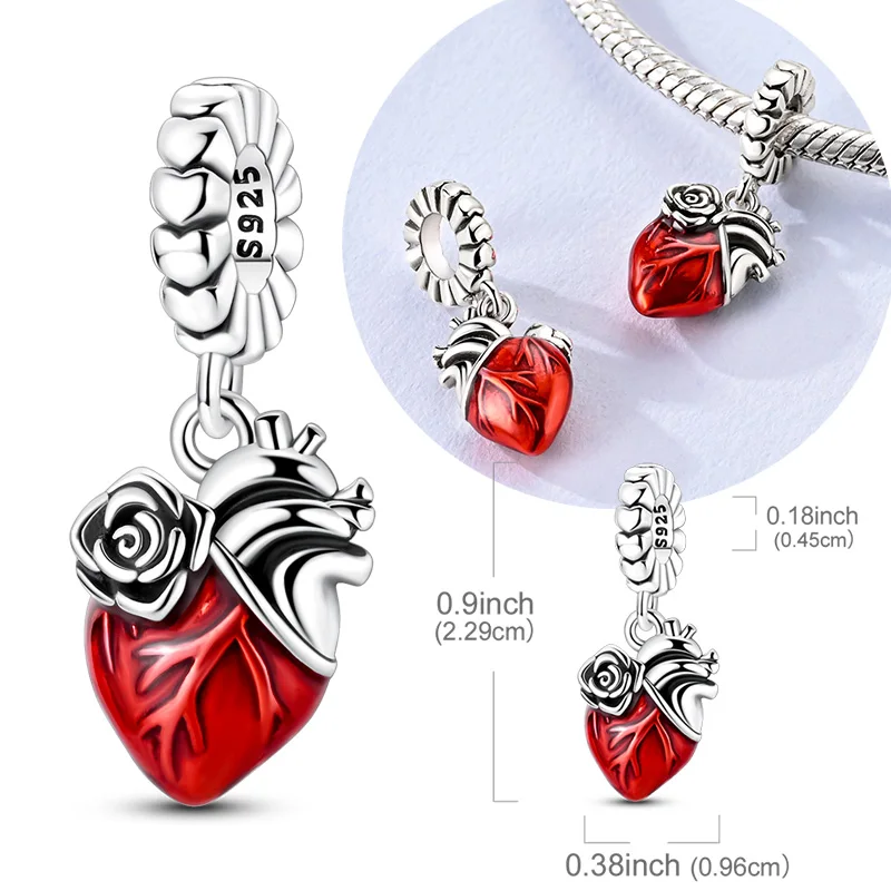 

Original 925 Sterling Silver Bead Charms Rose Red Heart Pendant Fit Original Bracelet Necklace For Women DIY Jewelry Gift