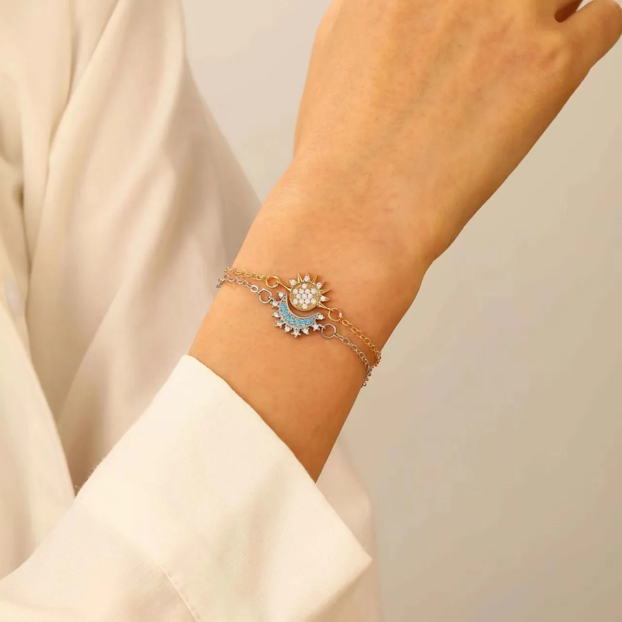 أساور شمس وقمر للنساء من حجر الراين ، سلسلة ألوان ذهبية وفضية ، سوار صداقة Y2K ، هدايا مجوهرات للعشاق ، 2 عرض