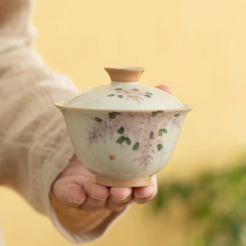 Hand Painted Wisteria Flower Two Cover Bowl Ceramic Home Under Glaze Color Kung Fu Tea Set Small Tea Bowl Large