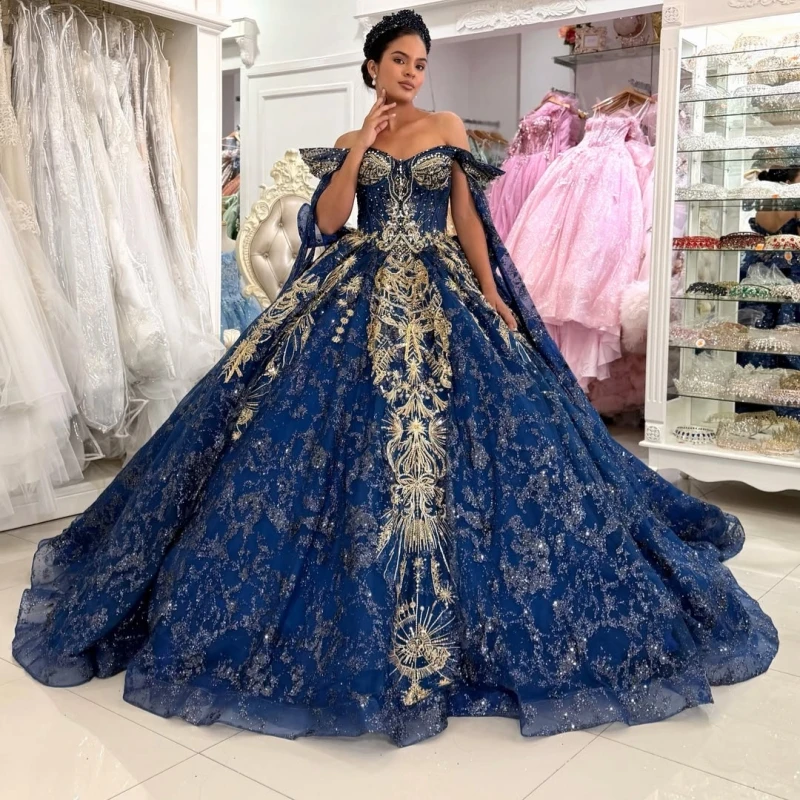 Navy Blue Shiny Quinceanera Dresses Ball Gown Off The Shoulder Sequin Applique Beads Tiered Tull Party Birthday Sweet 16 Dress