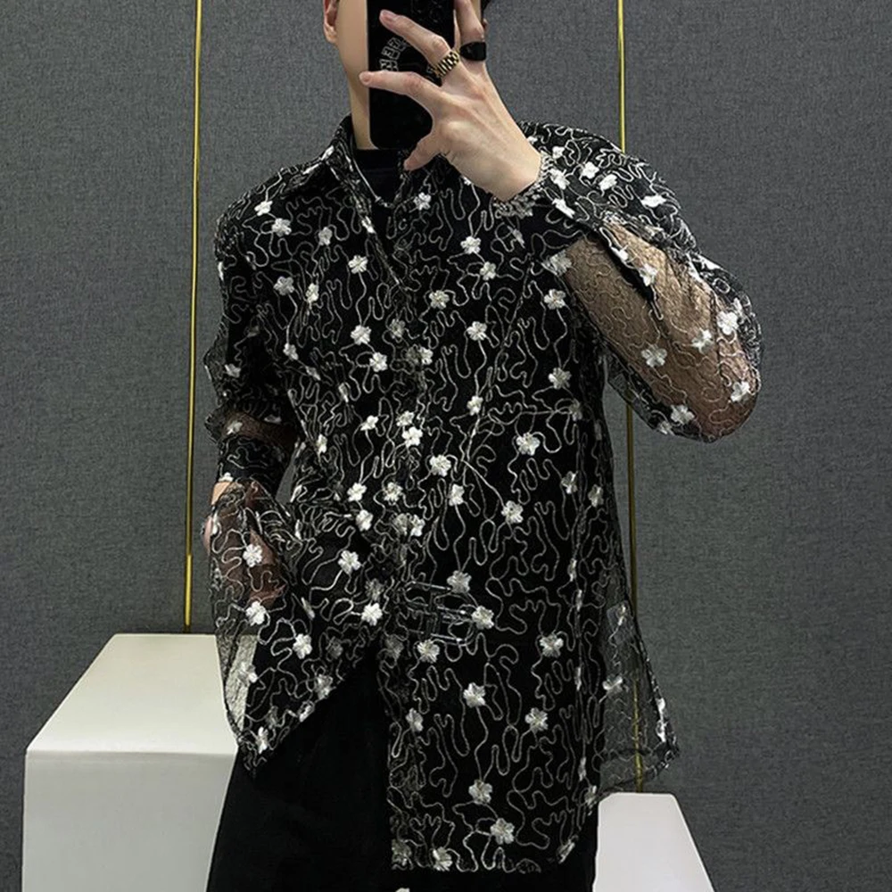 

Мужская рубашка с цветочной сеткой, прозрачная тонкая рубашка, летняя рубашка для ночного клуба, бальных танцев, модный индивидуальный нишевый топ, мужская одежда, новинка 2023 года