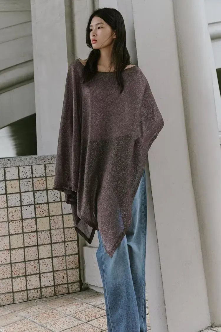 

BB6719 2025 Autumn New Women's Clothing French Design Casual Metallic Asymmetric Cloak Coat 3067772