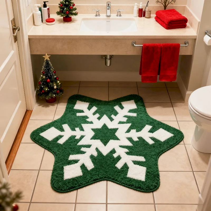 VIKAMA Green Snowflake Shaped Christmas Floor Mat,Comfortable,Non Slip,Absorbent Soft Carpet,Bedroom,Indoor Home Decoration