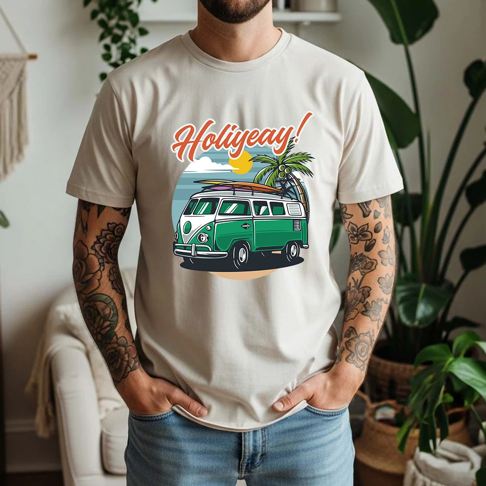 New Summer 100% Pure Cotton T-Shirt Retro VW Bus Beach Surf Graphic Street Cool Casual Tee Breathable Short Sleeve