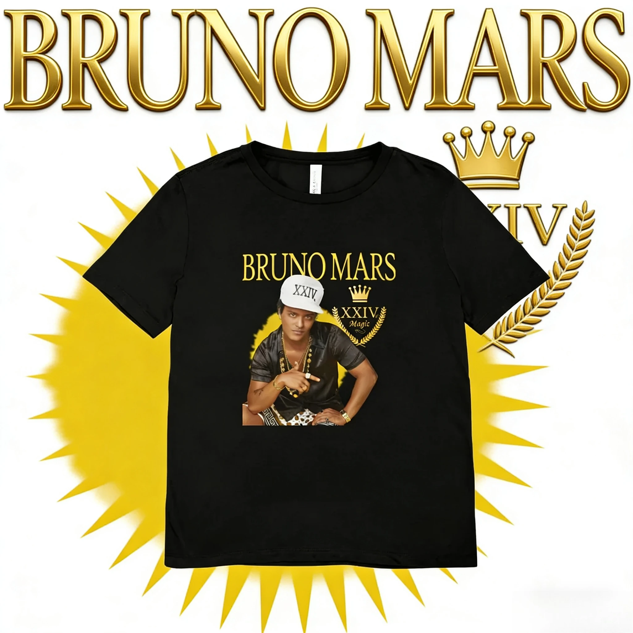 

2025-26 Summer Bruno Mars XXIV Magic Graphic Graphic 100%Pure Cotton Printed Rapper Hip-hop Trend R&B T-shirt Unisex Oversized