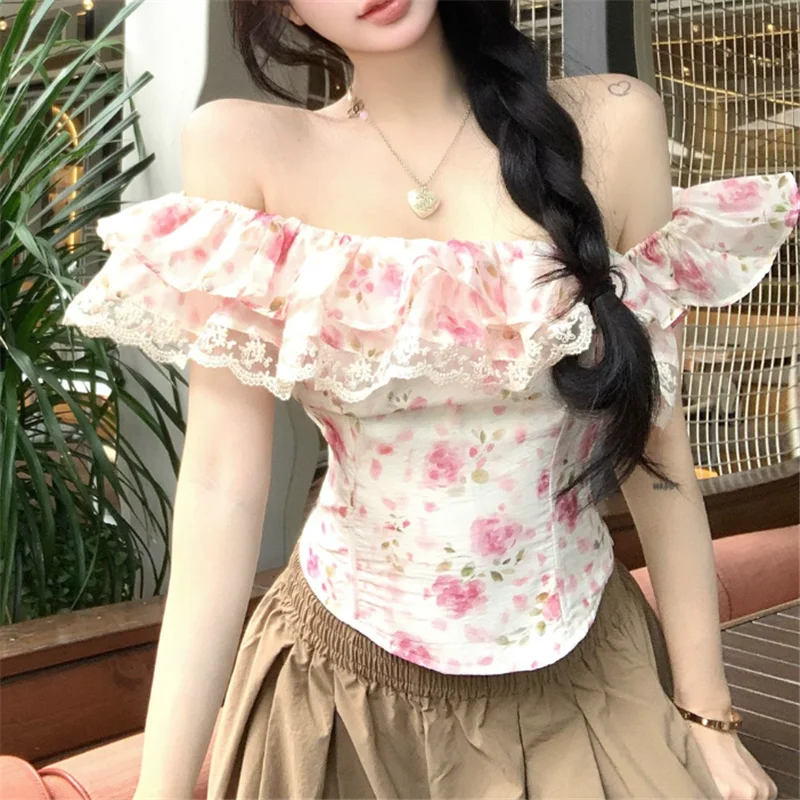 Resort Shirt Floral - Slash Neck Ruffles Lace Patchwork Floral